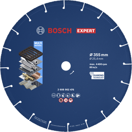 Diamantový řezný kotouč Bosch EXPERT Metal 355 mm pro více materiálů.